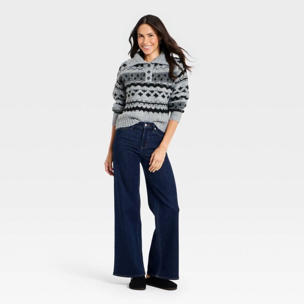 Women's Fairisle Henley Shawl Sweater - Universal Thread Dark Gray L - Picture 3 of 3